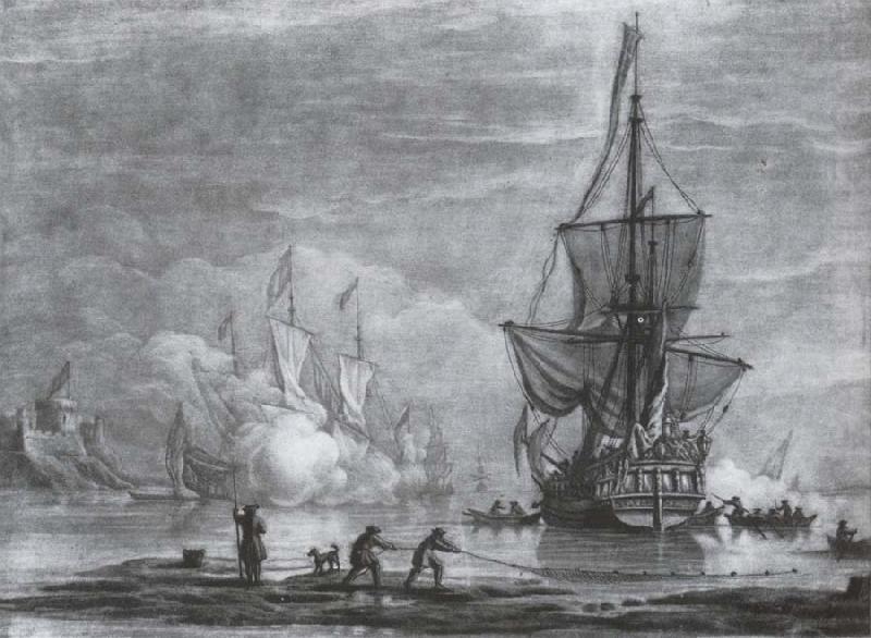 Calm scene of a yacht offshore with another ship firing a salute, Monamy, Peter